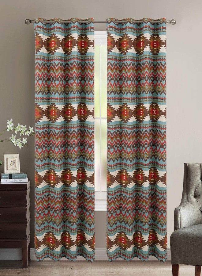 Rugs 4 Less طقم ستائر عازلة للحرارة بحلقات معدنية، بنمط ريفي غربي جنوبي غربي مستوحى من السكان الأصليين لأمريكا، باللونين الفيروزي والبني، بنقوش قبلية أمريكية أصلية - طقم ستائر عازلة للحرارة من يوتا باللون الفيروزي - Image 1